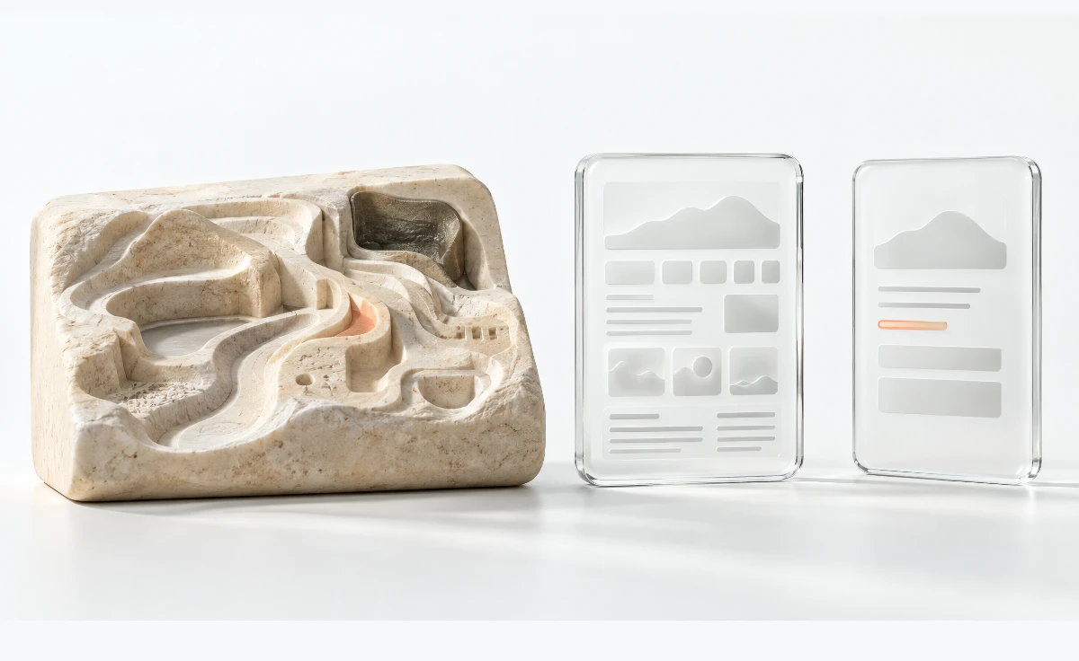 A carved landscape model sits beside two translucent travel-interface records, showing how a place can be compressed into representations.