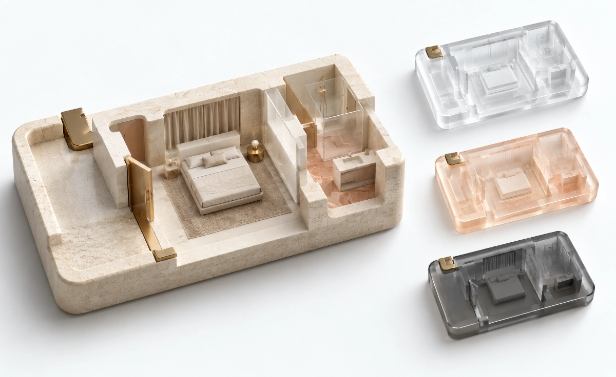 A physical room model sits beside three translucent representations, showing how one source can travel through different edges without losing its structure.